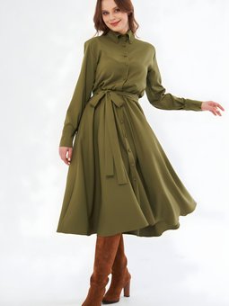 Haki Kuşaklı Beli Lastikli Cepli Uzun Kol Gömlek Elbise