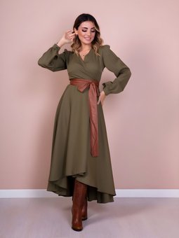 Haki Taba Asimetrik Kesim Uzun Kol Deri Kemerli Elbise