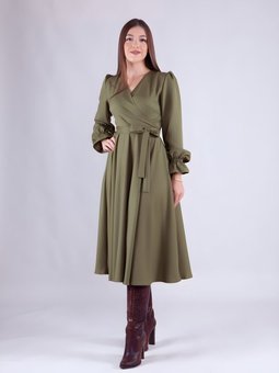 Haki Uzun Kol Kruvaze Yaka Elbise
