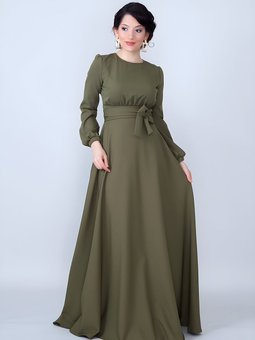 Haki Uzun Kol Yuvarlak Yaka Beli Büzgülü Kuşaklı Dokuma Abiye Elbise
