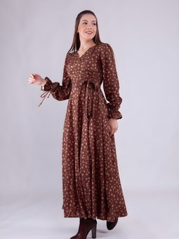 Kahve Çiçek Desenli Kadife Kruvaze Yaka Uzun Kol Elbise
