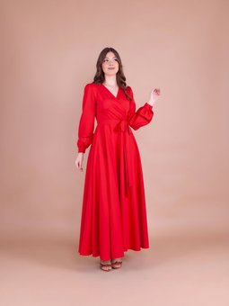 Kırmızı Kruvaze Yaka Kemerli Elbise