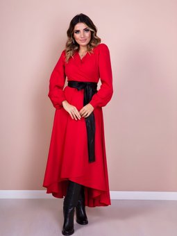 Kırmızı Uzun Kol Asimetrik Kesim Deri Kemerli Elbise