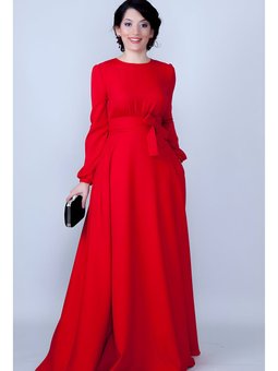 Kırmızı Uzun Kol Beli Büzgülü Kuşaklı Cepli Abiye Elbise