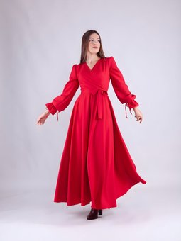 Kırmızı Uzun Kol Kruvaze Yaka Elbise