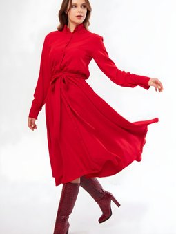 Kırmızı Uzun Kol Kuşaklı Cepli Gömlek Elbise