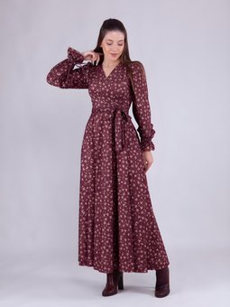 Koyu Bordo Çiçek Desenli Uzun Kol Kadife Kruvaze Yaka Elbise