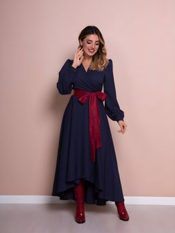 Lacivert Bordo Asimetrik Kesim Deri Kemerli Elbise