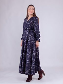 Lacivert Çiçek Desenli Kadife Kruvaze Yaka Uzun Kol Elbise