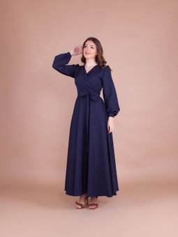 Lacivert Kruvaze Yaka Kemerli Elbise