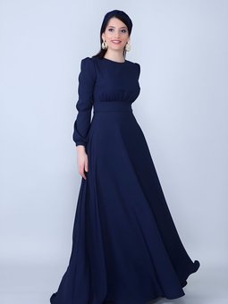 Lacivert Uzun Kol Yuvarlak Yaka Büzgülü Kuşaklı Abiye Elbise
