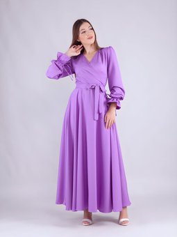 Leylak Uzun Kol Kruvaze Yaka Abiye Elbise