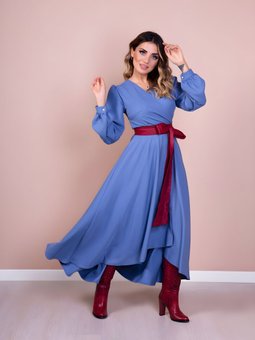 Mavi Bordo Asimetrik Kesim Uzun Kol Deri Kemerli Elbise