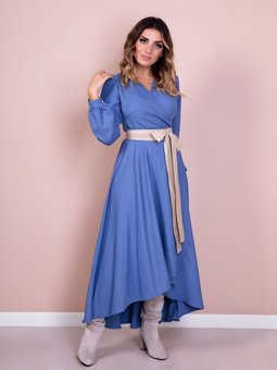 Mavi Krem Uzun Kol Asimetrik Kesim Deri Kemerli Elbise
