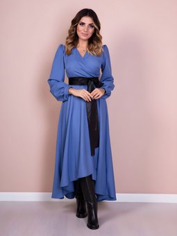 Mavi Siyah Uzun Kol Asimetrik Kesim Deri Kemerli Elbise