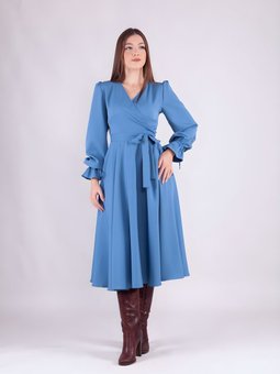 Mavi Uzun Kol Kruvaze Yaka Elbise