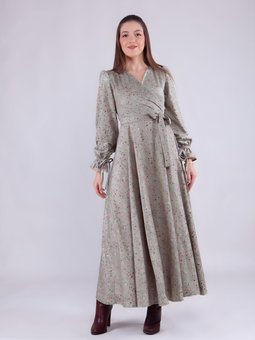 Mint Yeşili Çiçek Desenli Uzun Kol Kadife Kruvaze Yaka Elbise