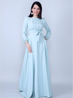 Mint Yeşili Uzun Kol Büzgülü Kuşaklı Abiye Elbise