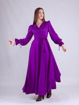 Mor Uzun Kol Kruvaze Yaka Abiye Elbise