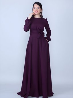 Mürdüm Uzun Kol Beli Büzgülü Kuşaklı Abiye Elbise