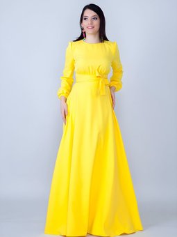 Sarı Uzun Kol Büzgülü Kuşaklı Abiye Elbise