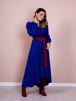 Sax Bordo Uzun Kol Asimetrik Kesim Deri Kemerli Elbise