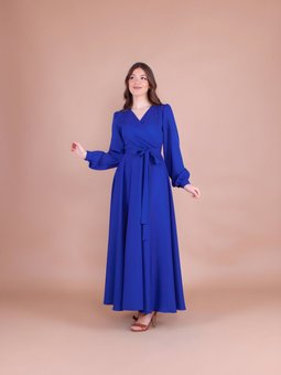 Sax Mavi Kruvaze Yaka Kemerli Abiye Elbise