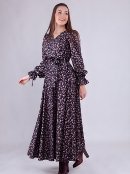 Siyah Çiçek Desenli Kadife Kruvaze Yaka Uzun Kol Elbise