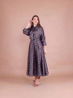 Siyah Çiçek Desenli Saten Yarasa Kol Elbise