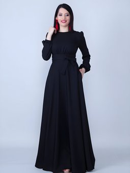 Siyah Uzun Kol Kuşaklı Beli Büzgülü Abiye Elbise