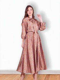 Taba Çiçek Desenli Yarasa Kol Saten Abiye Elbise