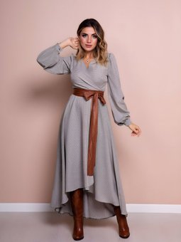 Vizon Krem Siyah Ekose Uzun Kol Asimetrik Kesim Taba Deri Kemerli Elbise