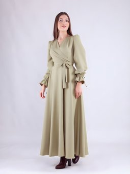 Yağ Yeşili Uzun Kollu Kruvaze Yaka Elbise