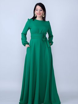 Yeşil Uzun Kol Büzgülü Kuşaklı Abiye Elbise