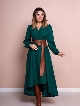 Zümrüt Yeşili Asimetrik Kesim Uzun Kol Taba Deri Kemerli Elbise