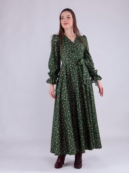 Zümrüt Yeşili Çiçek Desenli Uzun Kol Kadife Kruvaze Yaka Elbise