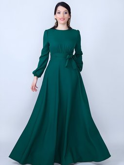 Zümrüt Yeşili Dokuma Uzun Kol Büzgülü Kuşaklı Cepli Abiye Elbise