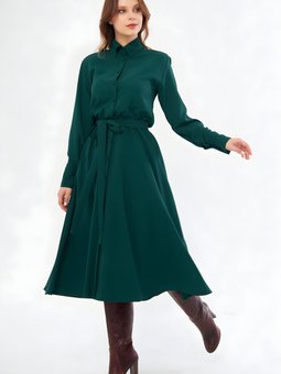 Zümrüt Yeşili Uzun Kol Kuşaklı Gömlek Elbise