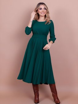 Zümrüt Yeşili Yuvarlak Yaka Cep Detaylı Elbise