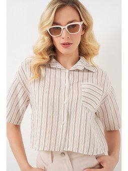 Çizgili Crop Bej Gömlek