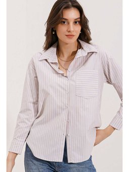 Çizgili Oversize Krem Gömlek