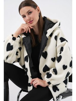 Kapüşonlu Peluş Ekru Ceket