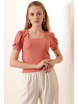 Kare Yaka Örme Gül Kurusu Bluz