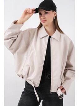 Kemer Detaylı Deri Ekru Ceket