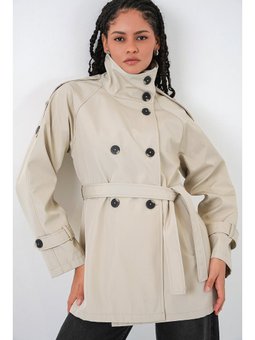Kruvaze Yaka Kısa Bej Trençkot