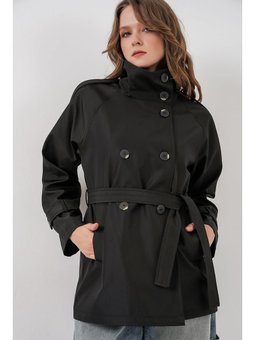 Kruvaze Yaka Kısa Siyah Trençkot
