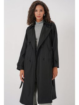 Kruvaze Yaka Siyah Trençkot