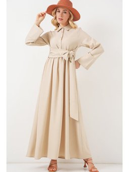 Önü Bağlamalı Keten Bej Elbise