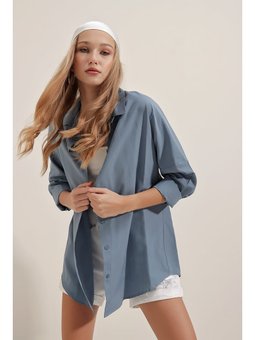 Oversize Uzun Basic İndigo Gömlek