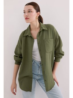 Tek Cepli Oversize Keten Haki Gömlek